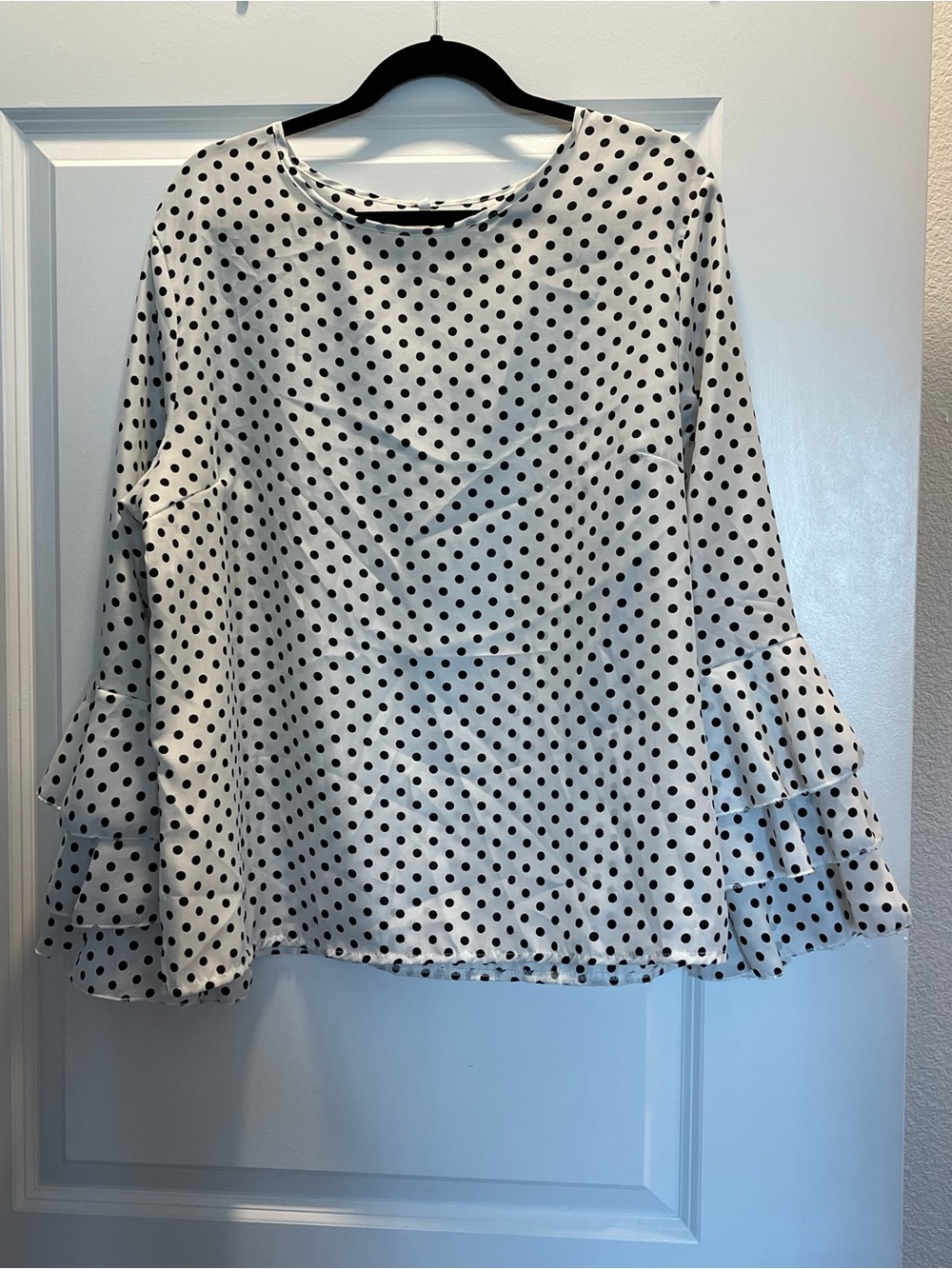 Polka Dot Ruffle-Sleeve Blouse - White with Black Dots-Size XXXL
